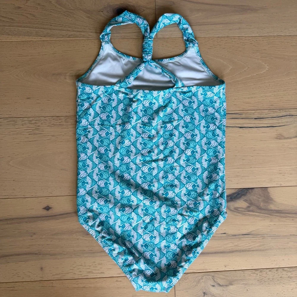 Garnet Hill Girls Teal White Fish Print One Piece Swimsuit Size 10 Racerback